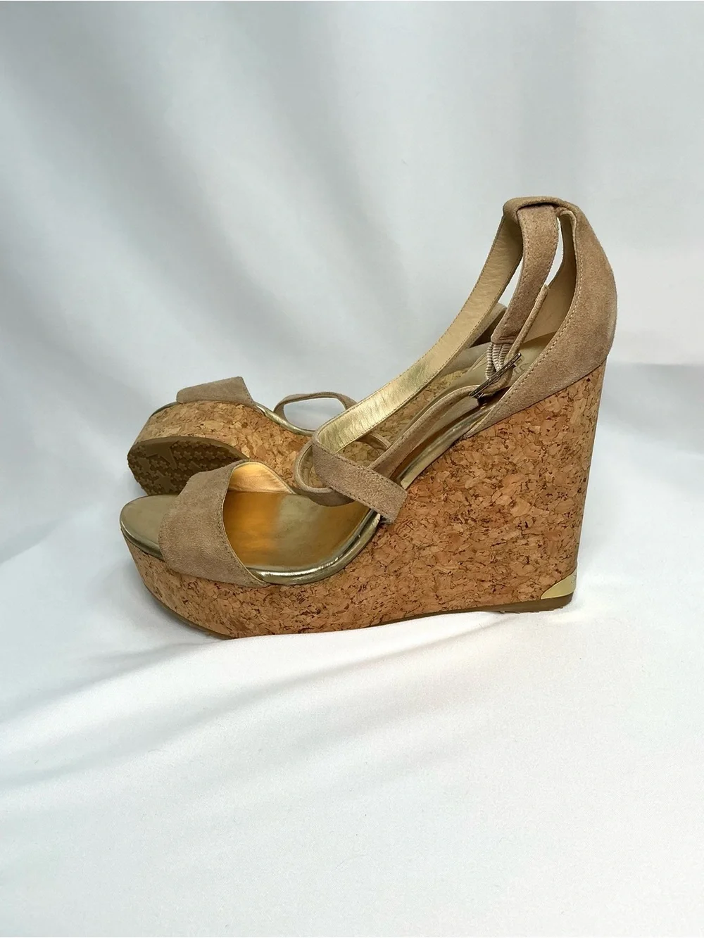 Jimmy Choo | Portia 120 Nude Suede Cork Platform Wedge Sandals EU 40